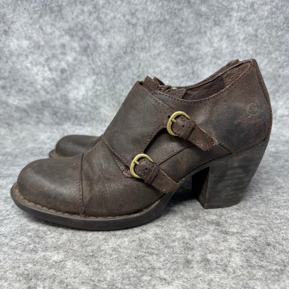 Born Leather Heeled Ankle Boots Womens Size 7.5M Monk Buckle Brown Block Pilgrim - Picture 10 of 12